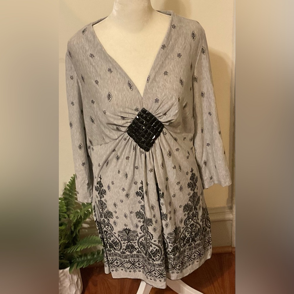 Gitano Women’s Blouse Top Gray Black Embellish 3/4 Sleeve, Sz XL EUC Boho Garden